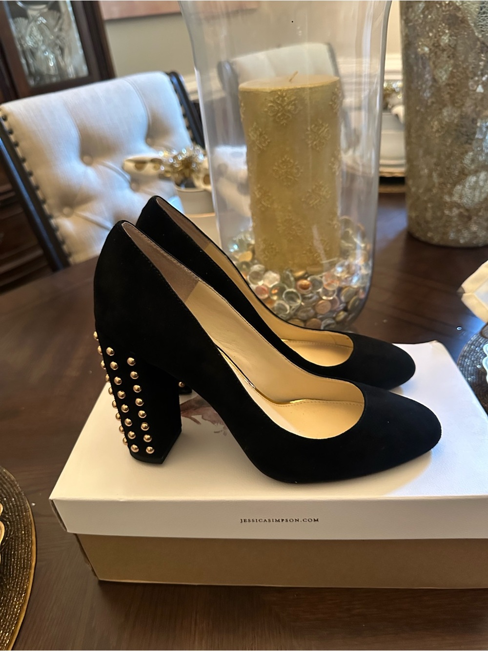 Brand New Size 8 Jessica Simpson Black Suede Block Heel Pumps with Gold Studs